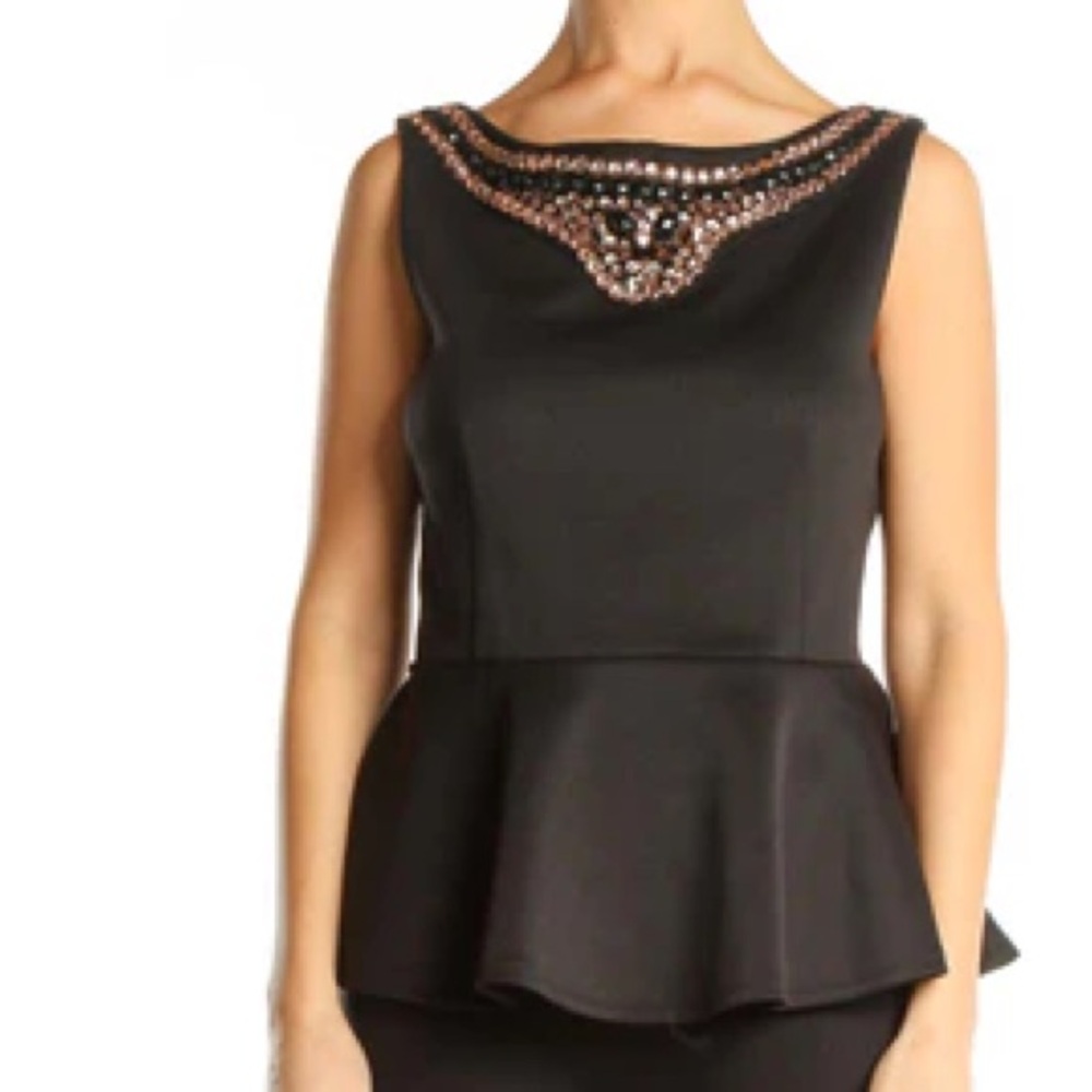 Bisou Bisou Black Peplum Top with Embellished Neckline / Size XL